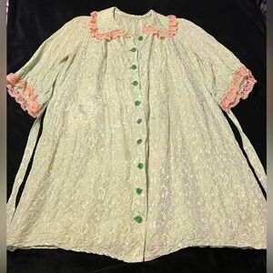 *True Vintage 60s Handmade Robe Green Crinkle Fabric Light Orange Lace Women XL